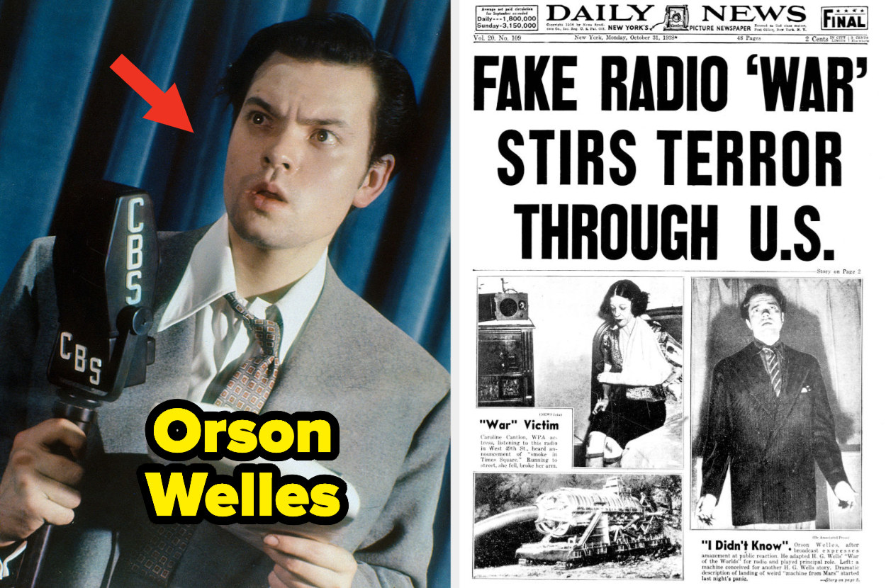 A young Orson Welles talking on the radio; a newspaper headline about the fake radio war
