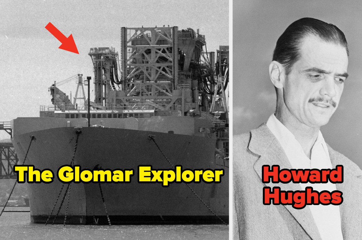 A picture of a ship with the words &quot;The Glomar Explorer&quot;; Howard Hughes