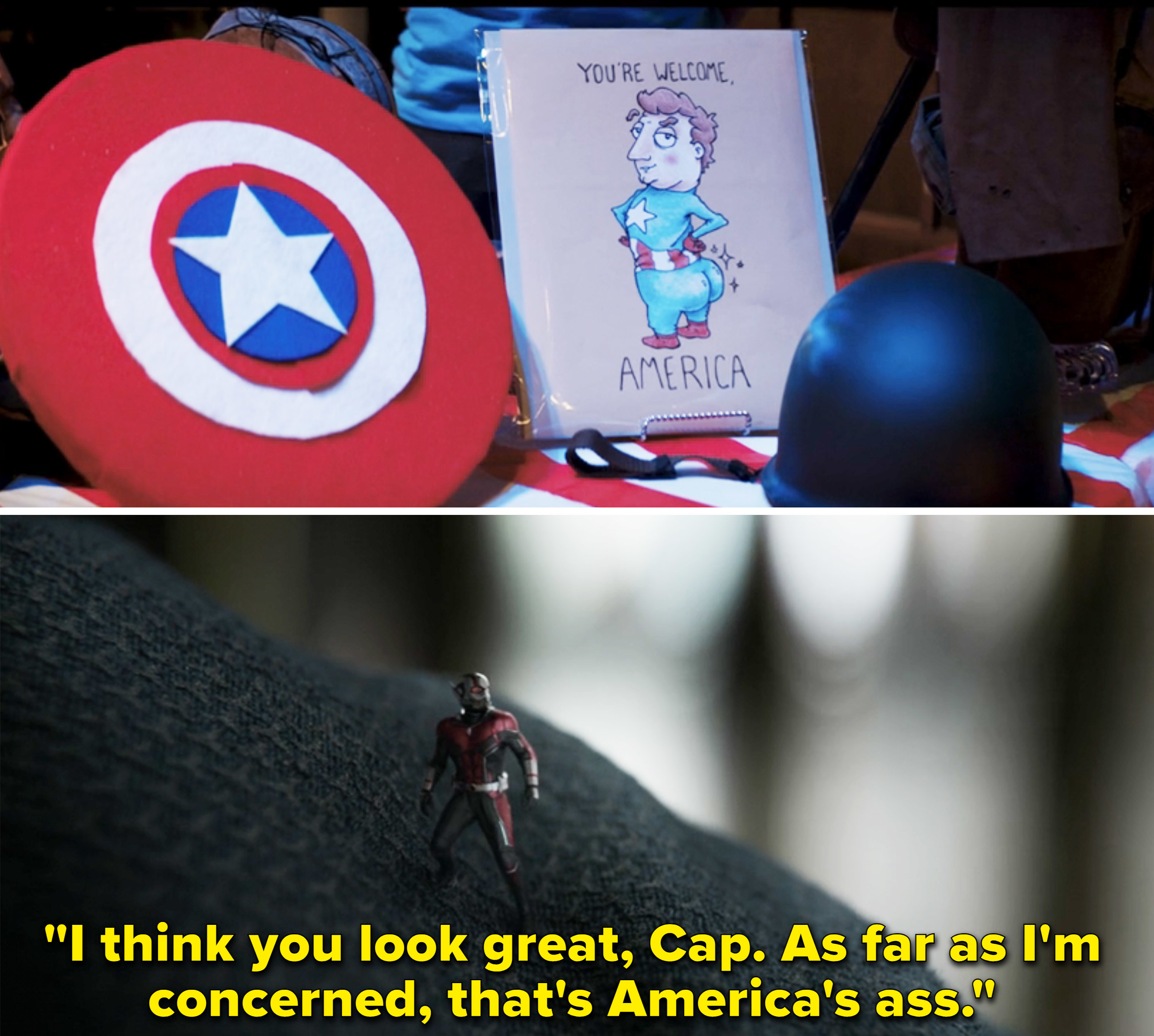 A cartoon Captain America has a comically oversized butt, and the text around him says &quot;You&#x27;re welcome America&quot;