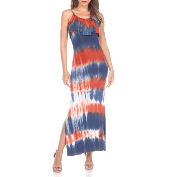a model wearing the red, white and blue tie-dye dress