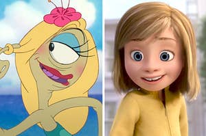 Stills show Pleakley from Lilo and Stitch dressed as a woman and Riley from Inside Out