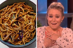 On the left, so lo mein, and on the right, Kristen Bell clutching her heart and crying happy tears