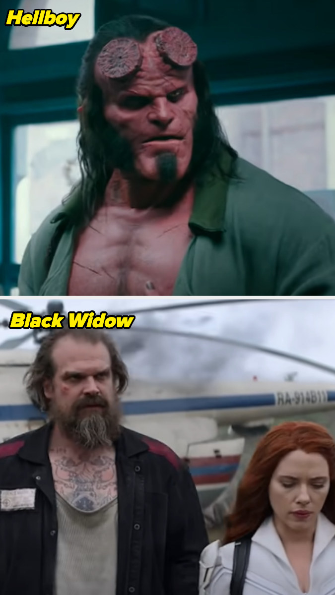David in Hellboy and in Black Widow with Scarlett Johansson