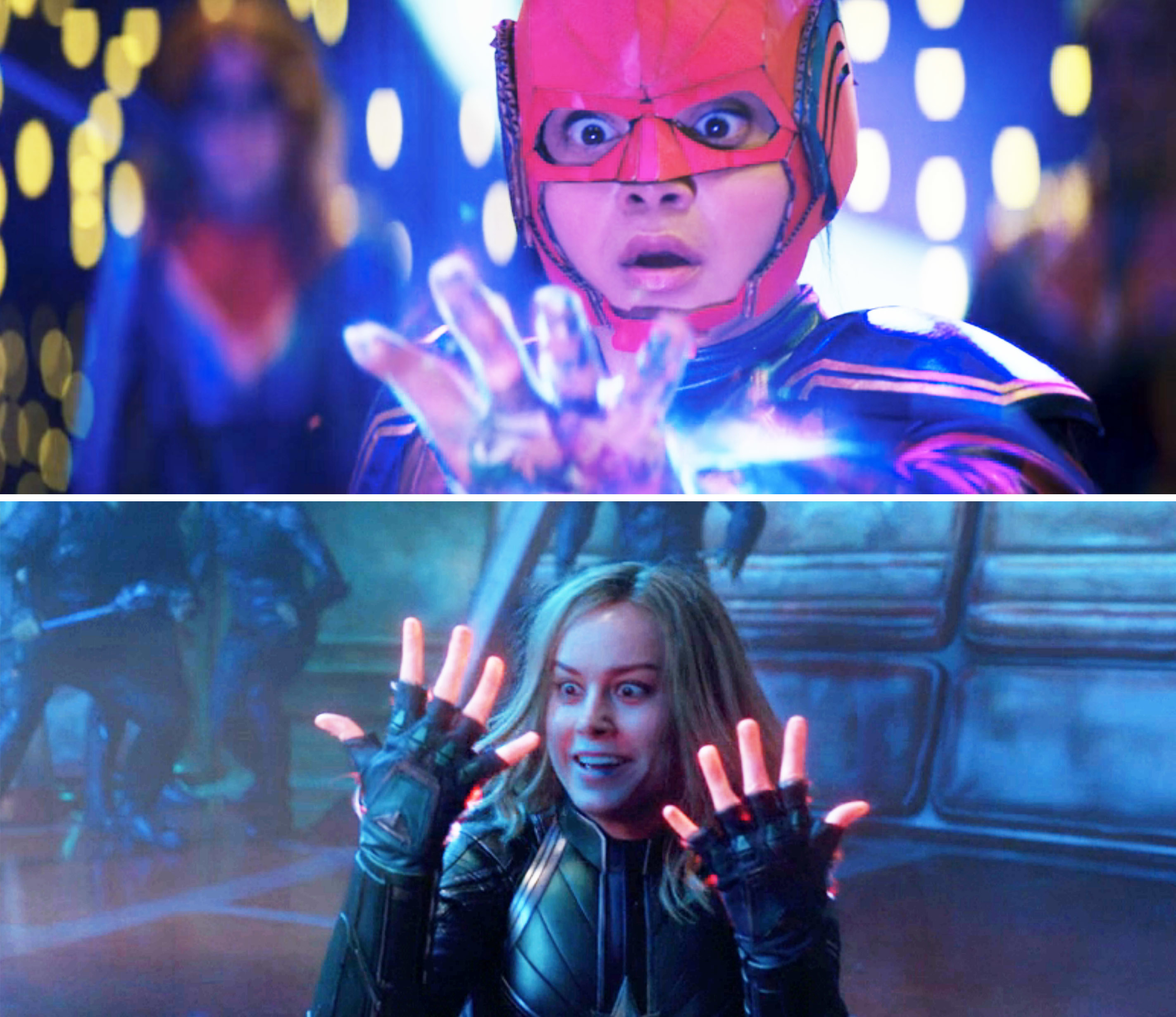 Kamala staring at her glowing hand juxtaposed with Carol also staring at her hands