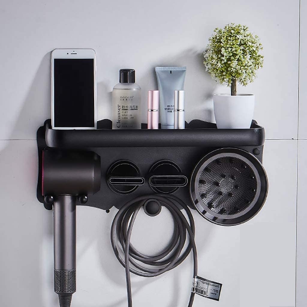 The mounted organizer with a hairdryer and products on it