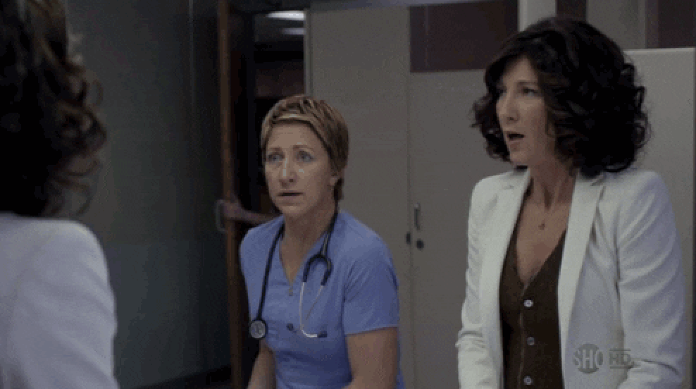 Edie Falco in &quot;Nurse Jackie&quot; talking to a woman in the bathroom