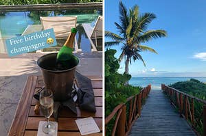 Left: Free birthday champage; Right: Beach in Riviera Maya