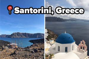 Left: View of the Caldera from a volcano; Right: Santorini buildings