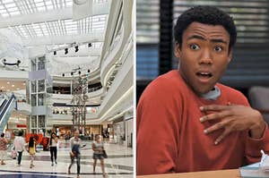 On the left, people walking around a bright, luxury shopping mall, and on the right, Troy from Community opening his eyes and mouth wide in surprise while he covers his heart with one hand