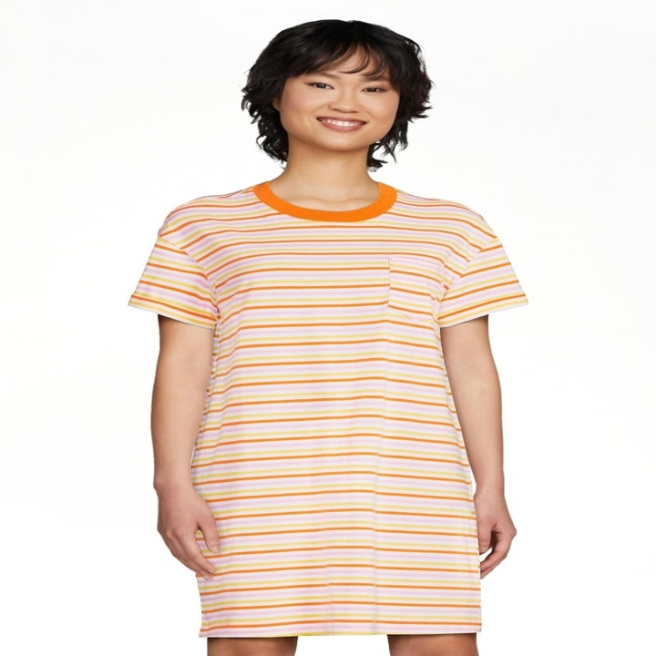 a model wearing the orange, pink and white striped dress