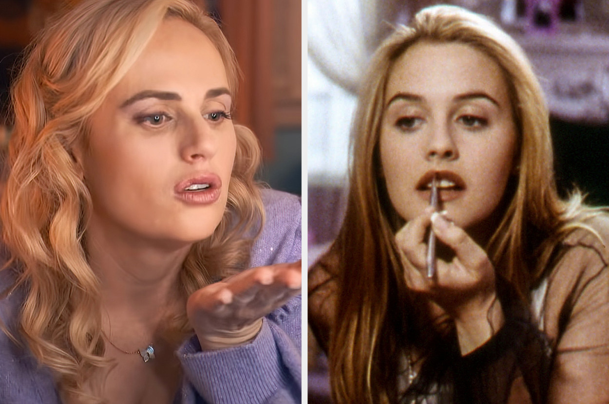 Close-up of Stephanie blowing a kiss and close-up of Alicia Silverstone as Cher in Clueless applying lip liner