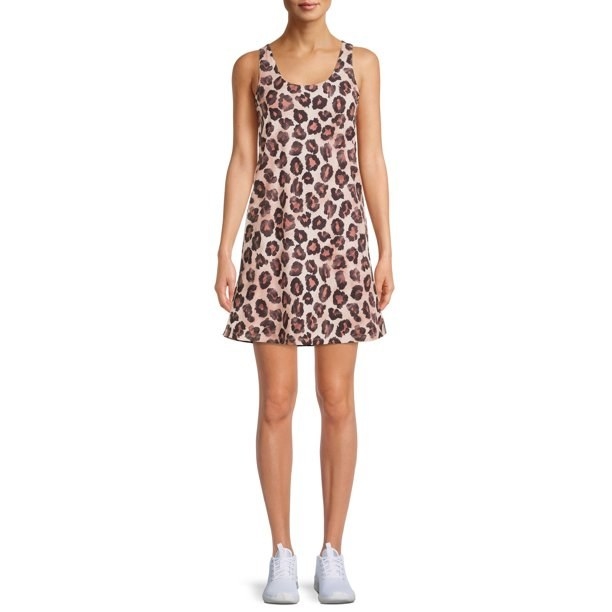 Model wearing leopard print mini dress