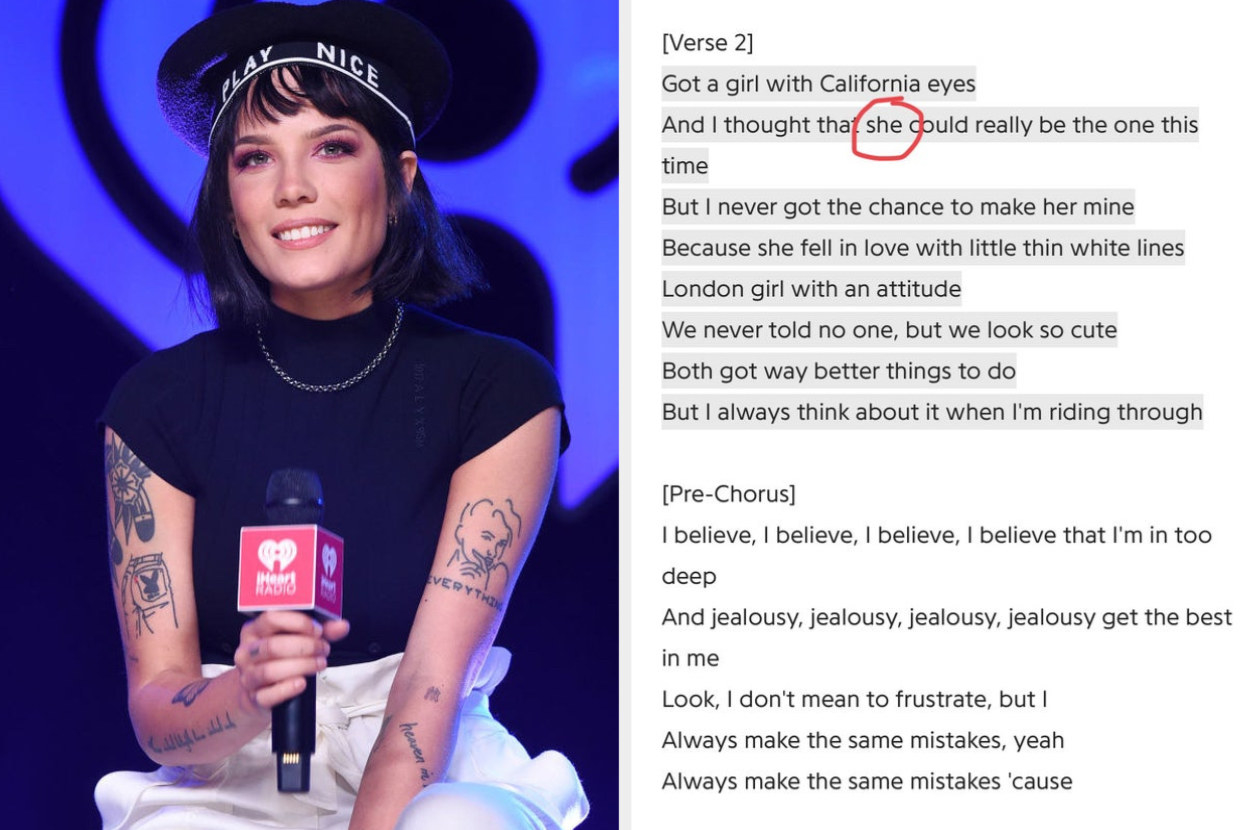 halsey next to their lyrics for bad at love with the word she circled