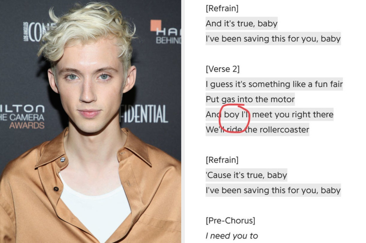 Troye next to his lyrics for Bloom with the word &quot;boy&quot; circled