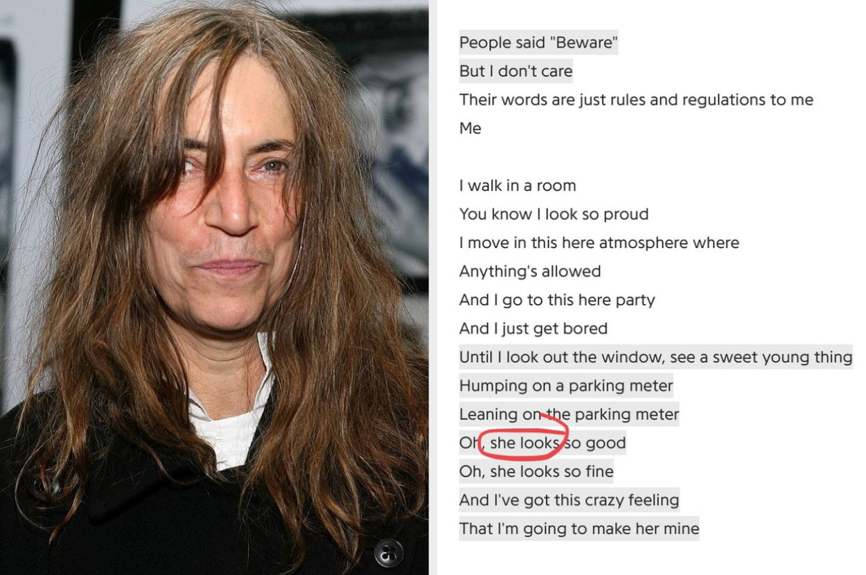 Patti next to her lyrics for &quot;Gloria&quot; with the word &quot;she&quot; circled