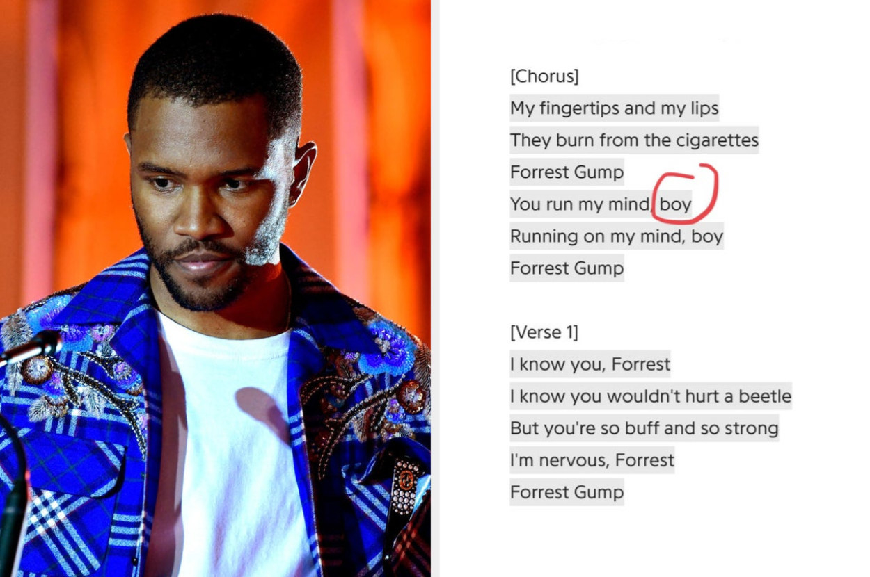 Frank Ocean next to his lyrics for &quot;Forrest Gump&quot; with the word &quot;boy&quot; circled