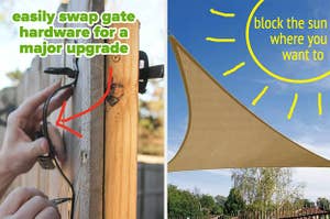 person install new handle on a yard gate, triangle shaped sun shade