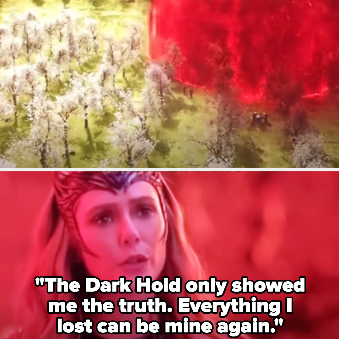Wanda reveals the forest to be an illusion and says that the Darkhold showed her the truth — that everyone she lost can be hers again