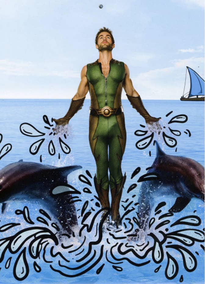 A promotional image made to look as if Chace is rising out of the ocean surrounded by dolphins
