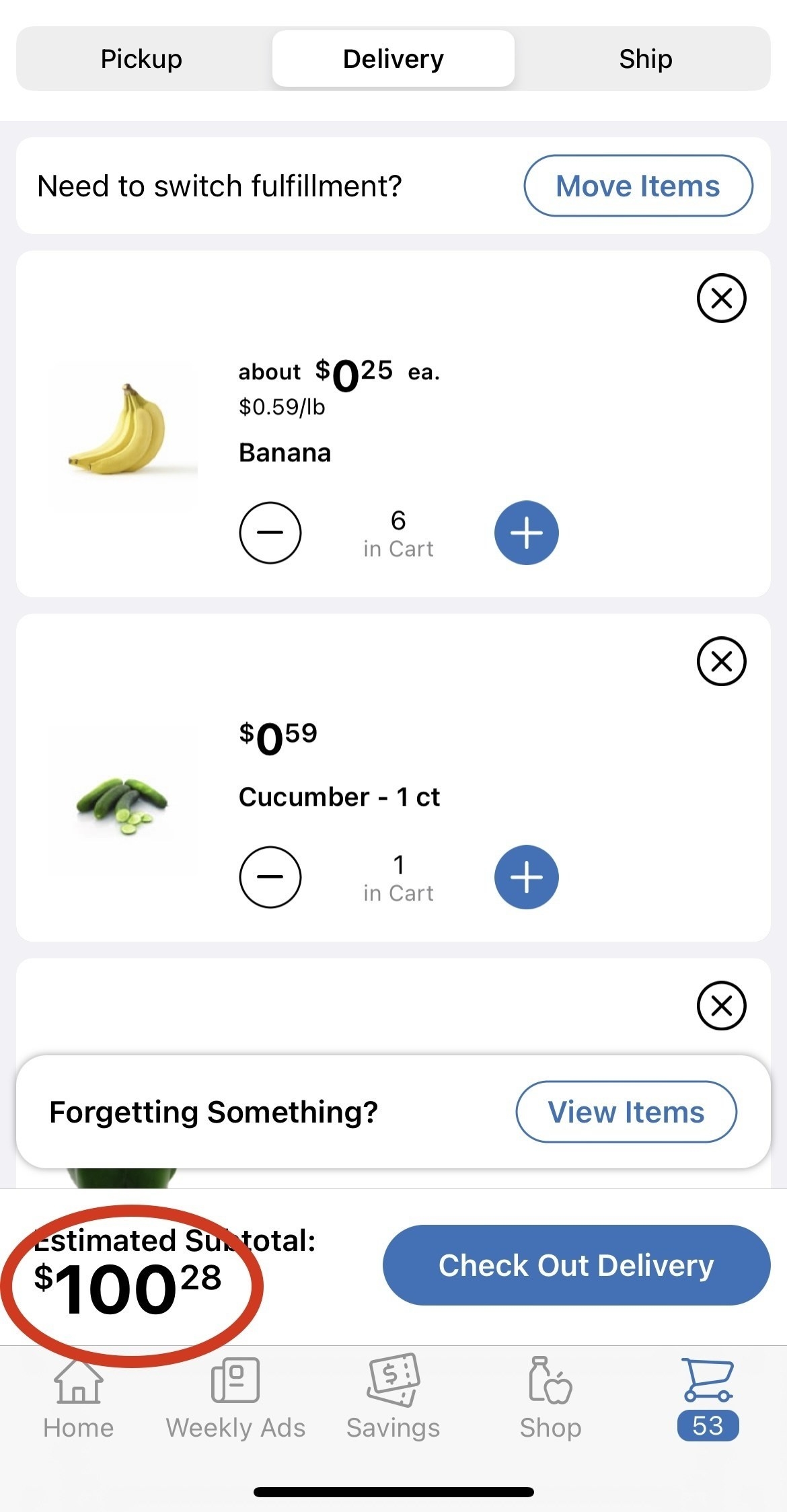 A screenshot of online grocery shopping