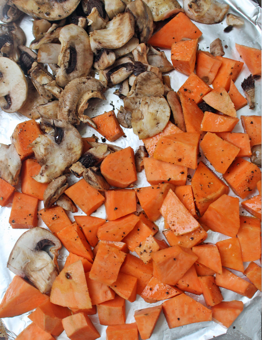 Chopped mushrooms and sweet potato.