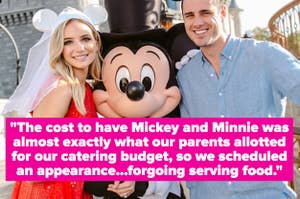 the bride explaining that they decided to spend their catering budget on an appearance from mickey and minnie