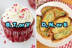 On the left, a red velvet cupcake labeled B, T, or Y, and on the right, a plate of garlic bread labeled D, N, or S