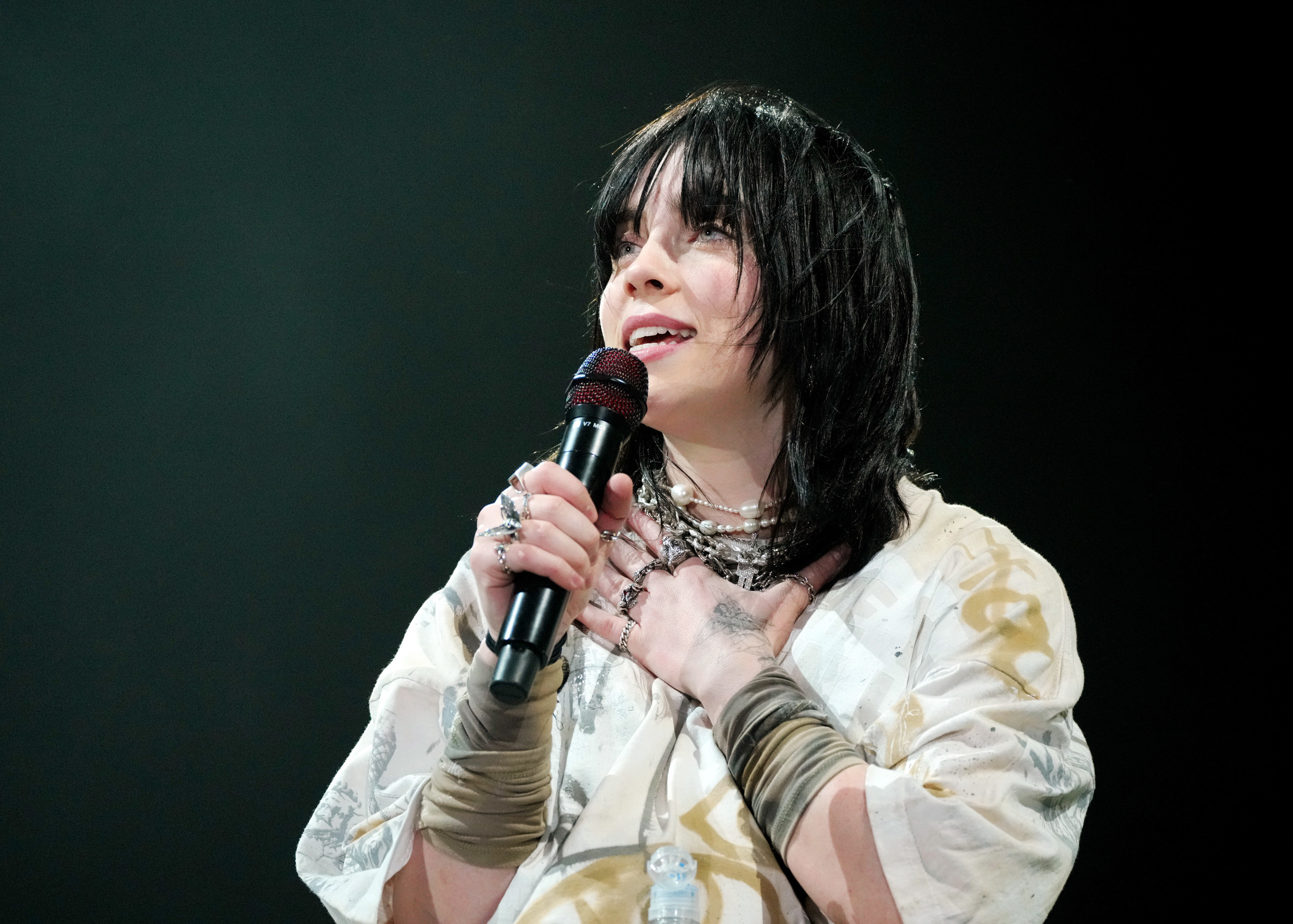 A closeup of Billie performing