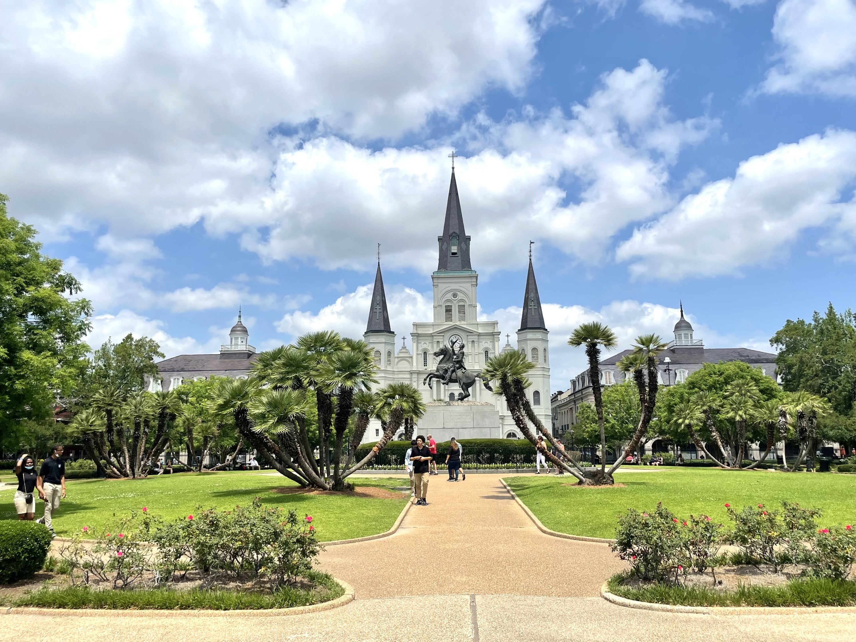 Jackson Square with the park in the foreground and church in the background