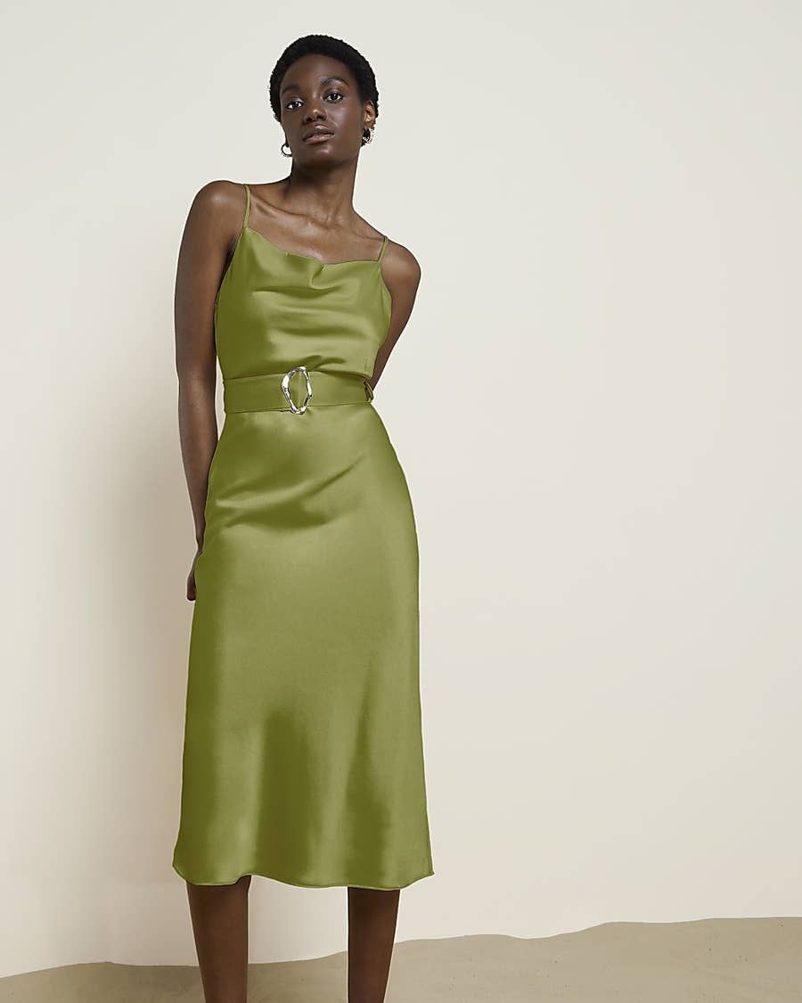 river island green silk dress River Island Tie Front Satin Dress River Island Womens Khaki Satin Tie Waist Slip Midi Dress