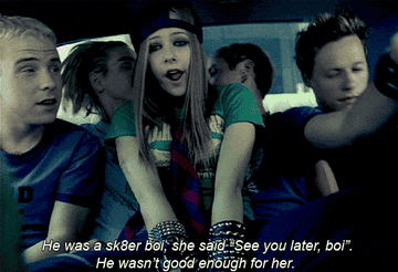 GIF of Avril Lavigne&#x27;s video for &quot;Sk8er Boi&quot;