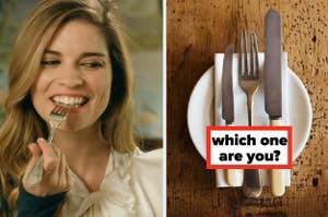 A woman is eating from a fork on the left with cutlery on the right labeled, "which one are you?'