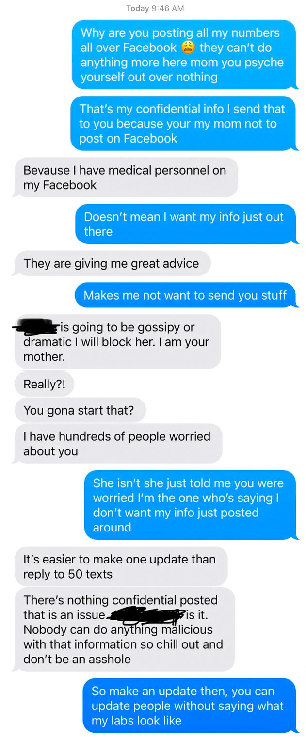 Someone asking their parent not to post confidential medical info on Facebook, and the parent saying it&#x27;s easier than responding to lots of texts
