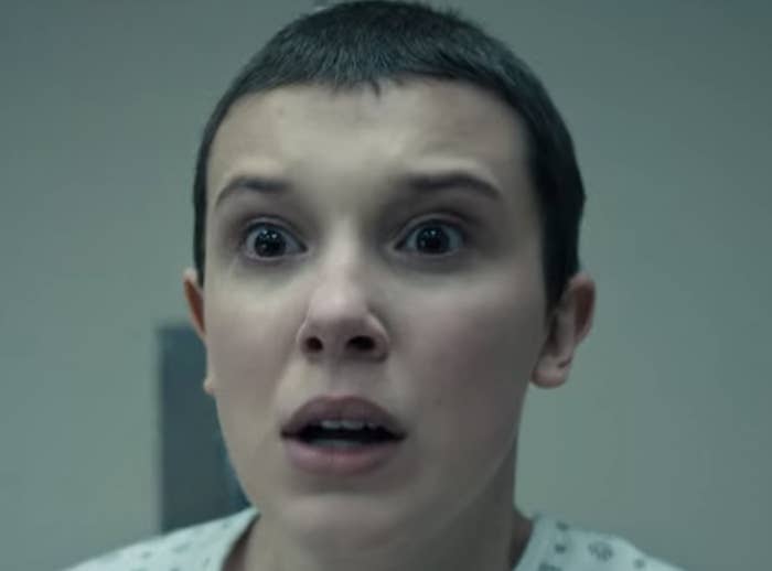 Eleven looking shocked on Stranger Things
