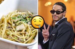 A bowl of pesto pasta and Pete Davidson wears a dark suit while flashing the peace sign
