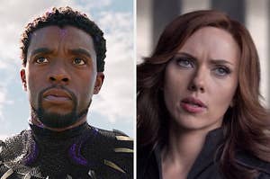 On the left, T'Challa in Black Panther, and on the right, Black Widow in Captain America: Ciivil War
