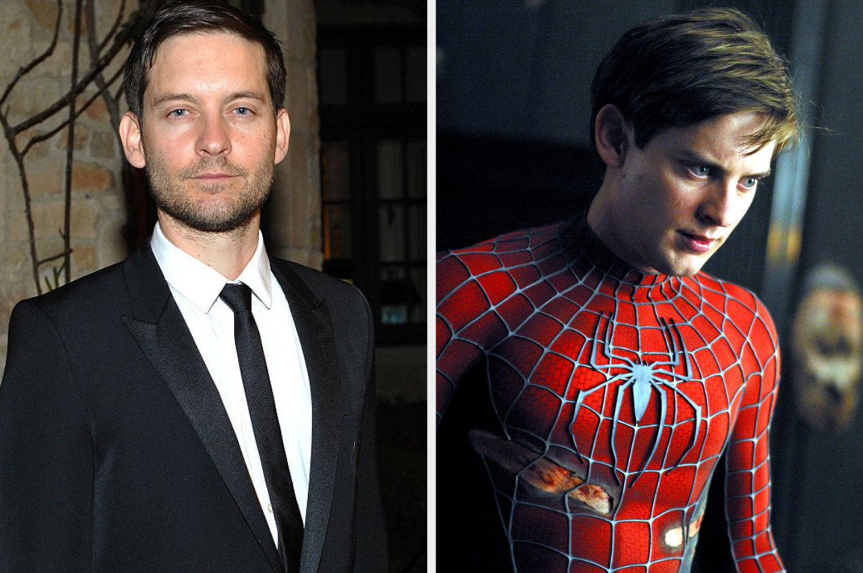 Tobey Maguire in a suit; Tobey Maguire as Spider-Man