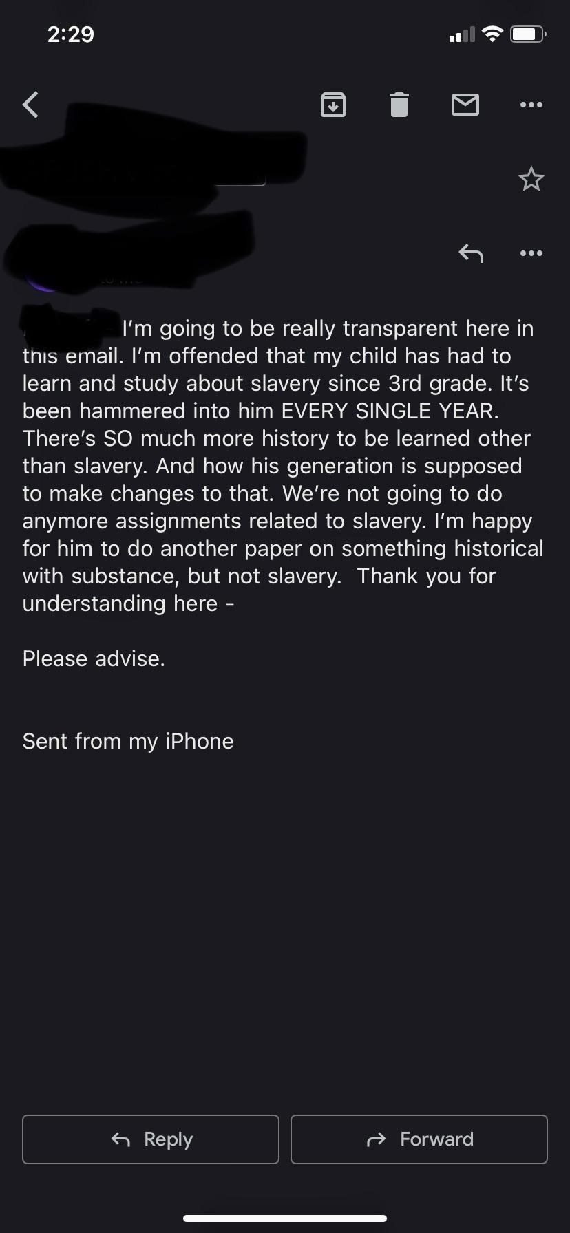 A parent emailing a teacher to tell them they are upset their child is learning about slavery