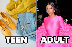 A pair of clothes is on the left labeled, "teen" with Kim Kardashian labeled, "adult"