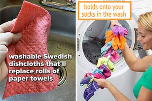 reusable washcloth in front of a kitchen sink, wire with loops on it to hold onto socks in a washing machine