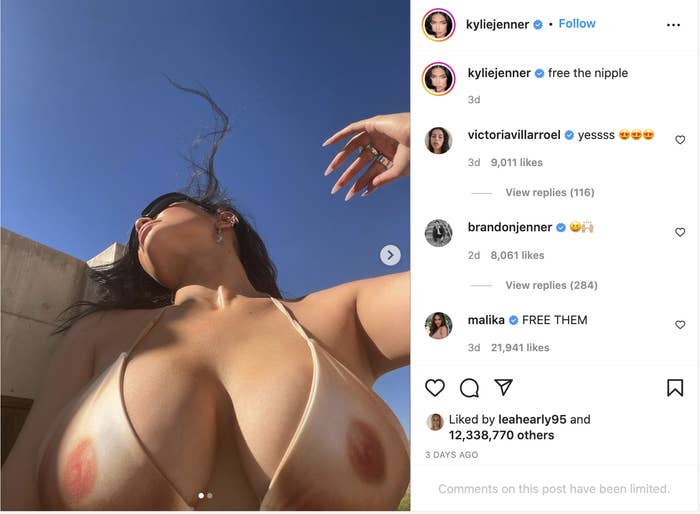 An Instagram post by Kylie Jenner shows her wearing a bikini designed to look like breasts with nipples