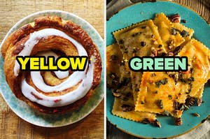 On the left, a cinnamon roll labeled yellow, and on the right, some ravioli labeled green