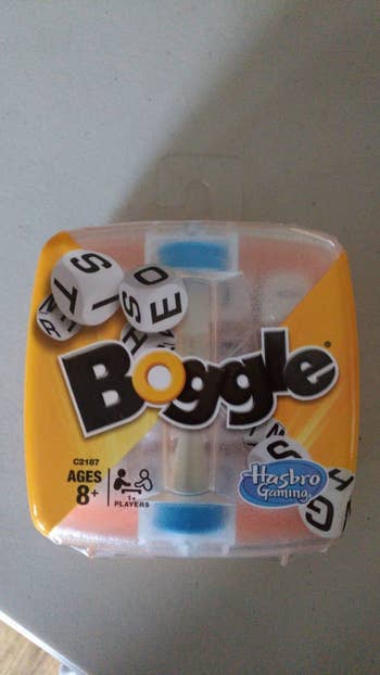 reviewer's photo of the travel sized version of Boggle