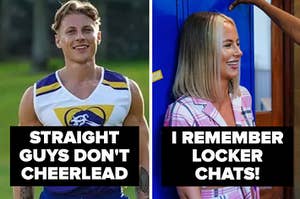Hot man in cheerleading uniform girl leaning against locker text reads straight guys don't cheerlead and i remember locker chats