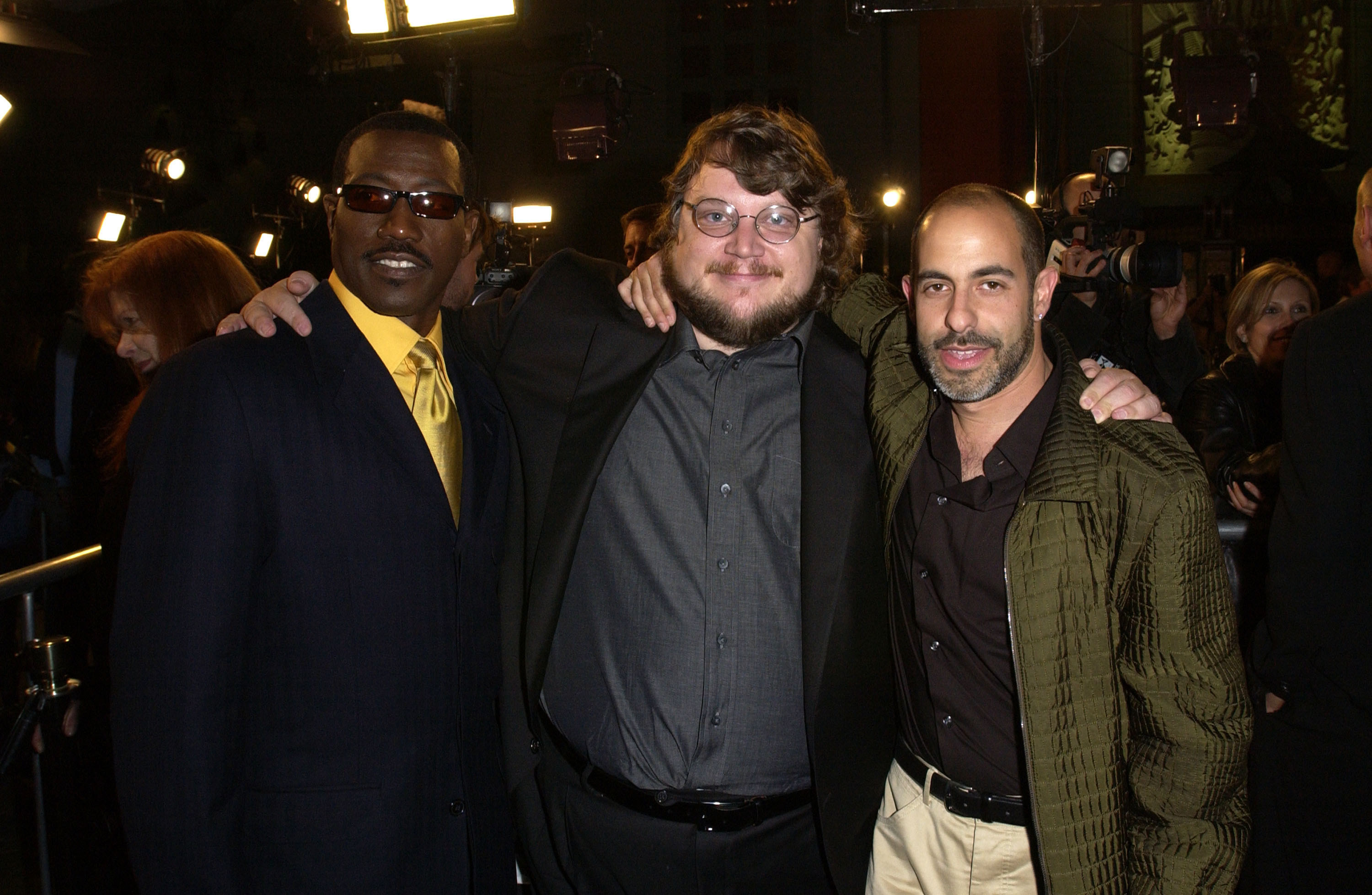 Wesley Snipes, on the left, and director David S. Goyer, on the right, pose with director Guillermo del Toro