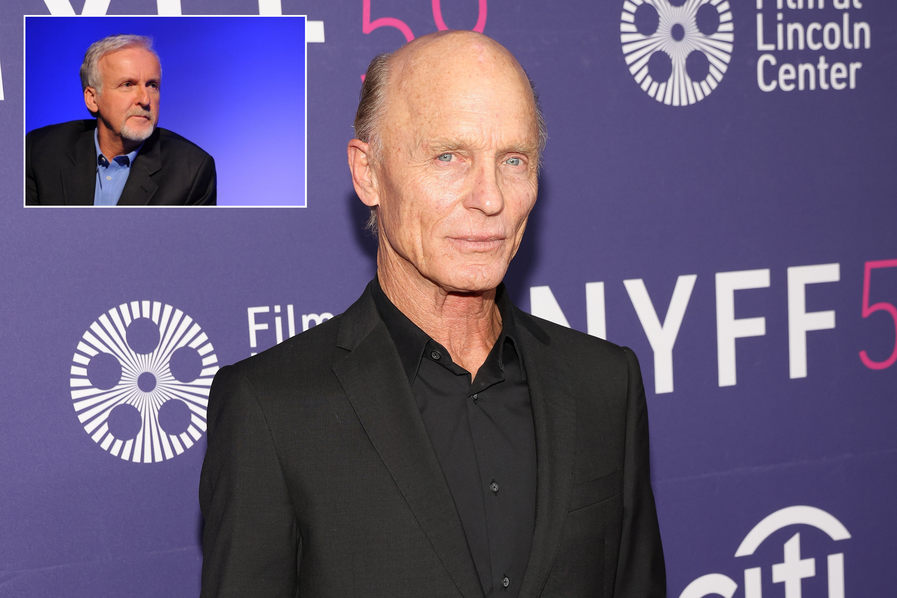Ed Harris attends the premiere of &quot;The Lost Daughter&quot; during the 2021 New York Film Festival and in the other image director James Cameron attends Meet The Filmmaker: James Cameron at Apple Store Soho on April 12, 2012 in New York City
