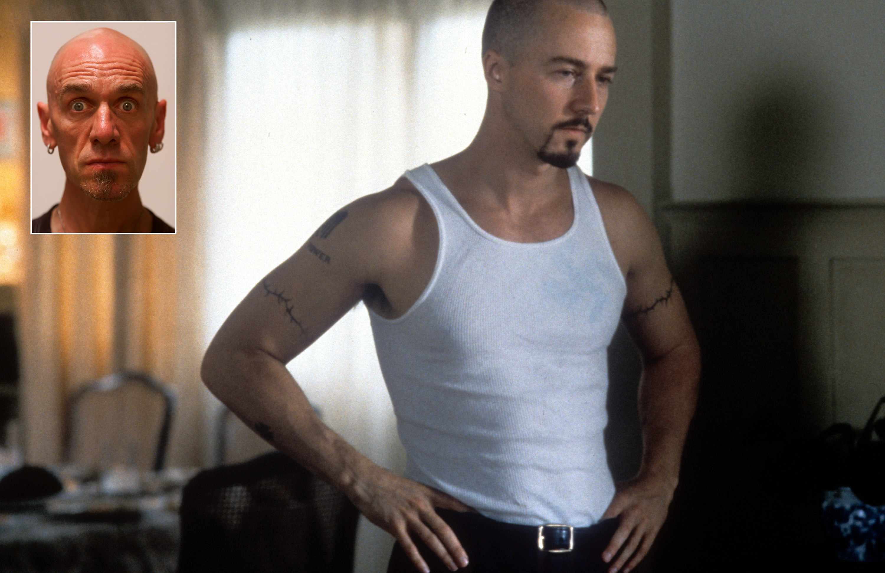 Edward Norton with hands at waist in a scene from the film &#x27;&quot;American History X&quot; and the other photo is of Tony Kaye in his West Los Angeles studio