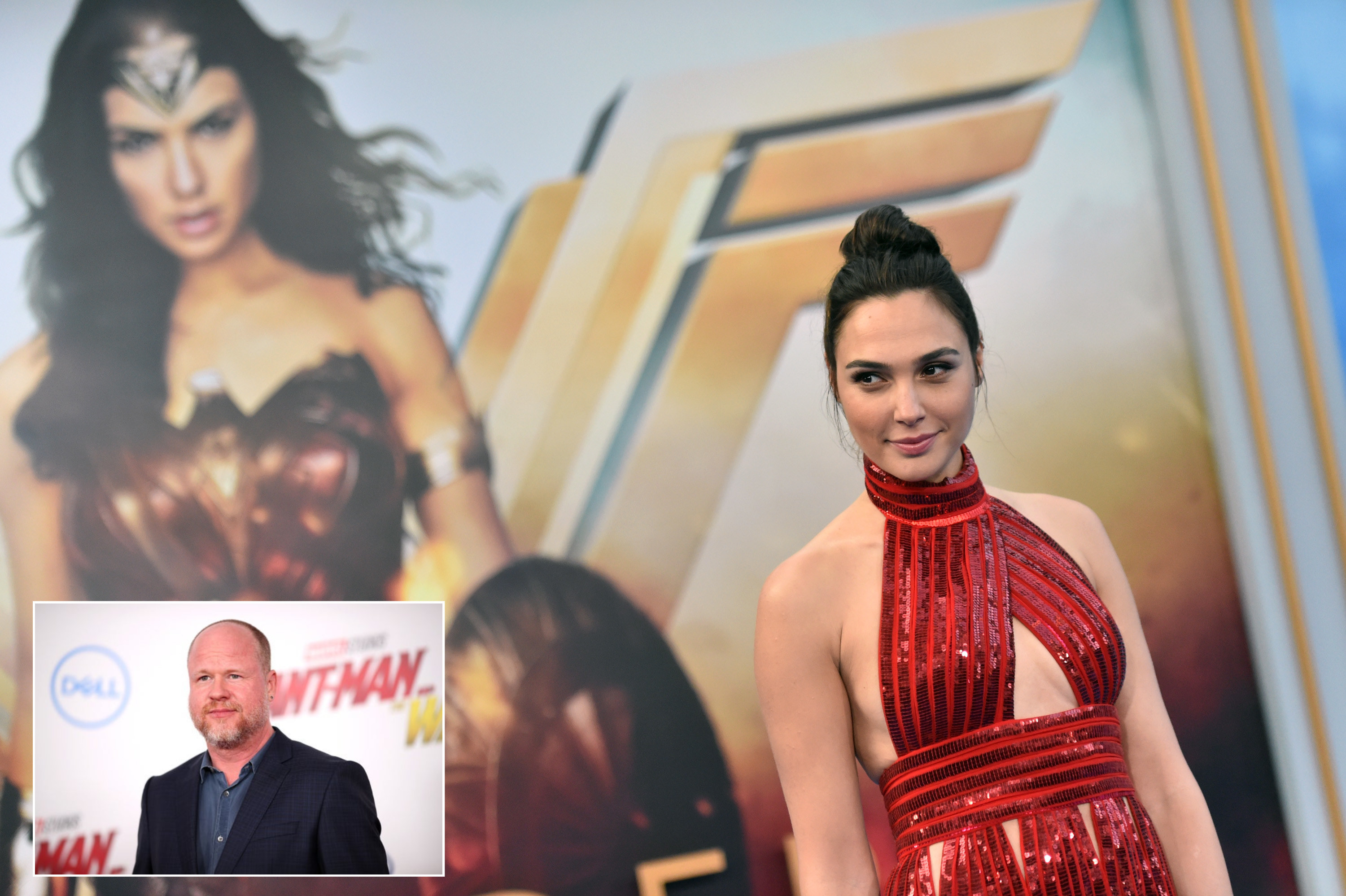 Actor Gal Gadot attends the premiere of &quot;Wonder Woman&quot; at the Pantages Theatre on May 25, 2017 in Hollywood and the other image shows Joss Whedon attend the premiere of Disney And Marvel&#x27;s &quot;Ant-Man And The Wasp&quot; on June 25, 2018 in LA