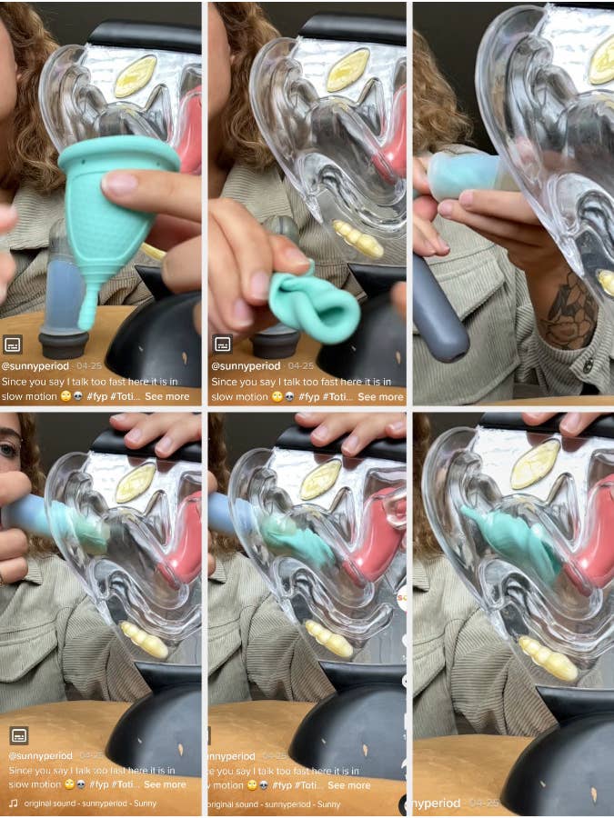 demonstration of folding the Sunny menstrual cup, putting it into the applicator, then inserting it into a plastic, anatomical model