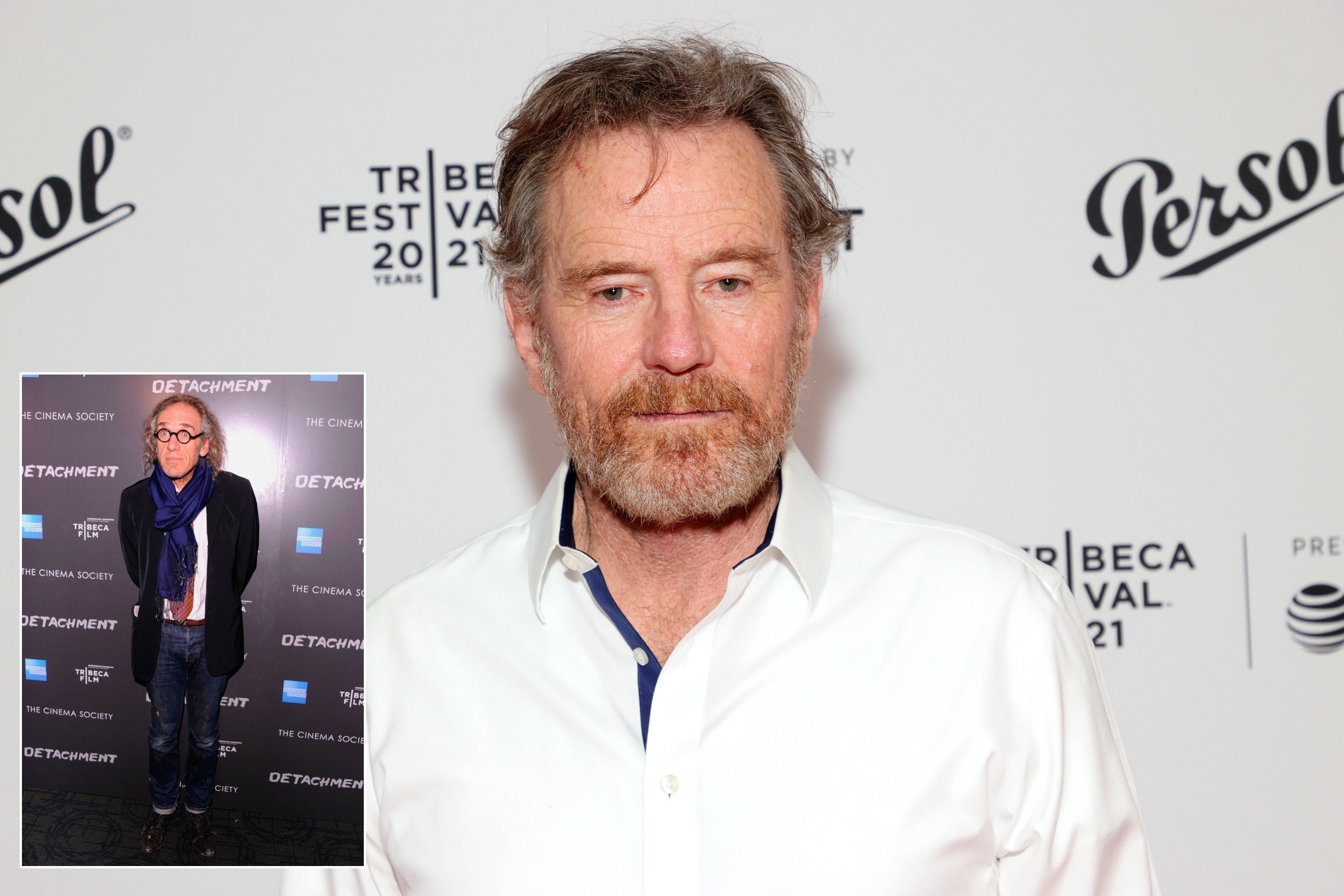 Bryan Cranston attends the Tribeca Festival Awards Night during the 2021 Tribeca Festival at Spring Studios in New York City and the other image shows director Tony Kaye at the premiere of Tribeca Film&#x27;s &quot;Detachment&quot; on March 13, 2012 in New York City